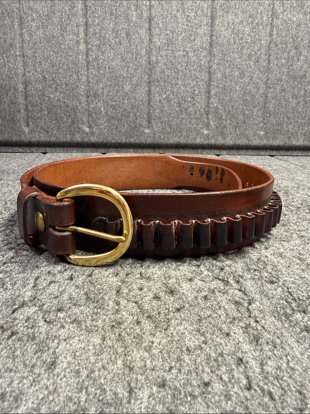 Krasne’s Mens Brown Leather Belt with Brass Rounded Buckle